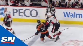 Brady Tkachuk Goes For Scott Laughton After CrossChecking Flyers’ Player To The Ice [upl. by Iron]