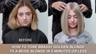 How to tone brassy golden blonde to a beige blonde in 5 minutes or less  Kenra Color [upl. by Bik]