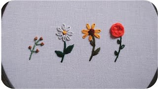 HAND EMBROIDERY FOR BEGINNERS  4 Types Flowers Embroidery Tutorial  Lets Explore [upl. by Catton]