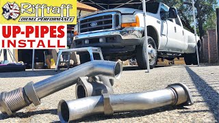 2001 F350 73  RiffRaff UpPipes Install  Stock up pipes leaking and falling apart JUNK SP [upl. by Boykins788]