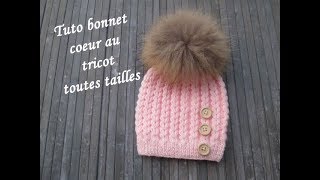 TUTO BONNET POINT COEUR AU TRICOT Heart beanie hat knitting GORRO PUNTO CORAZON DOS AGUJAS [upl. by Htederem]