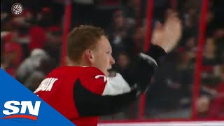 Brady Tkachuk Takes Exception To Hit Instantly Drops Gloves [upl. by Anyrtak]