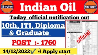 IOCL Apprentice Vacancy 20222023 post 1700  Indian Oil Corporation Limited Vacancy [upl. by Ttnerb]