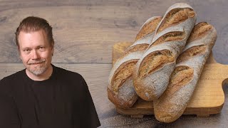 Easy Sourdough Baguettes Recipe  Baguette Master Class  Foodgeek Baking [upl. by Ahsienad]